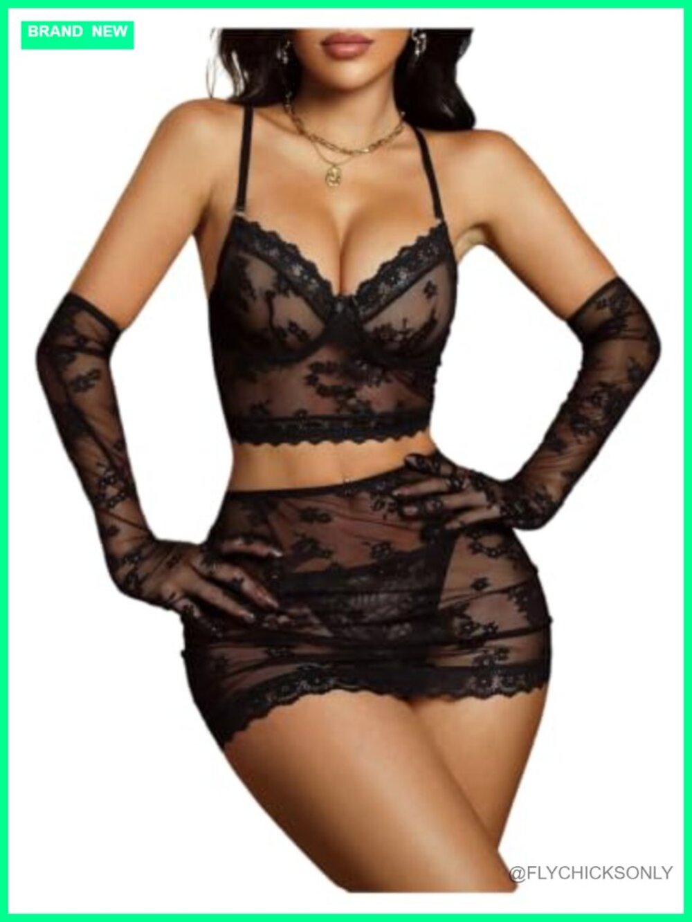 Women's Floral Lace Sheer Mesh 4-Piece Lingerie Set with Gloves